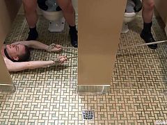Damn this is fucking hot and kinky. All these guys are in the men restroom and it looks like they are having a small party here! The special quest is Holden and he pleases them all. Holden is tied by his arms and legs, laid on the floor and has a taste of ass before crawling like a whore to suck dildos
