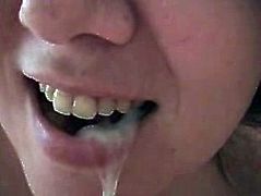Funny girl swallowing cum