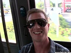 Max Crase gives a blowjob to Dallas Reeves in the bus. Then Max takes off his pants and gets ass fucked in a cowboy position. Dallas also cums on Max's face in the end.