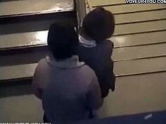 Amateur japanese couple is caught on a security camera in the stairs of a building. She gets on her knees, gives head and then bends over and they fuck doggy style