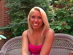 Young looking naive young natural blonde Paige with beautiful blue eyes and hot body in pink undies and summer dress reveals natural boobs and teases with tight ass at the interview.