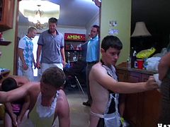 Make sure you have a look at this gay scene where these twinks are forced to clean wearing maids outfit before sucking and big cocks before being splattered by cum.