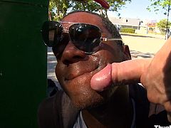 Have a look at this gay scene where this black guy ends up with a messy facial after sucking and riding this guy's thick cock.