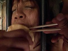 Curvy Asian MILF Yumemi Tachibana is locked in prison. Her big boobs are tied up to the prison cell. Kinky dude squeezes her nipples and rubs her nipples.