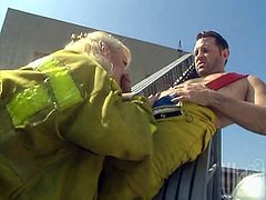 Take a look at this hot group sex scene where these sexy firefighting hotties suck and fuck big cocks in the station.
