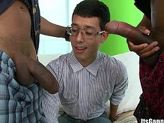 Insatiable black studs Castro Supreme and Izzy seduce a gay bitch called Erick who is wearing glasses. Eric sucks two BBCs hungrily and gets his bumhole drilled doggy style.