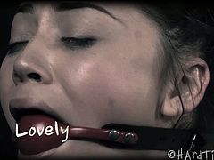 Watch this hot bondage scene with sexy brunette babe named as Kristian Rose.She how hard she gets tied that her layer of hair is attached to her foots and then her foots are tied hard with rope to all over her body.Her master plays with her sexy body and big nipples with stick.