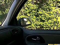 Smiling brunette takes off her bra and swallows big cock in the car. She is hot tempered babe who is ready to polish your dick indoor and outdoor.
