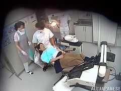 Get a hard dick watching this Asian babe, with a nice ass wearing her school uniform, while she goes hardcore with two horny doctors.