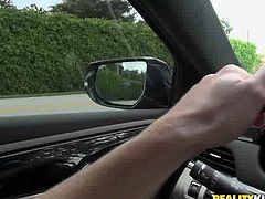 Passionate brunette girl sucks hard cock balls deep in a car. She then strips for camera showing her tits and ass outdoor. Then she kneels down taking hard dick balls deep.