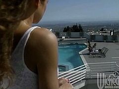 Outdoors sex by the pool with the sexy ebony babe Angel Summers