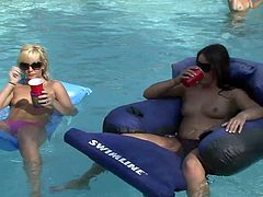 Maybe later on in the video these sluts will get fucked, but for the moment, in this fuckin' clip, they just chill tit naked in the pool!