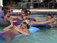 Maybe later on in the video these sluts will get fucked, but for the moment, in this fuckin' clip, they just chill tit naked in the pool!