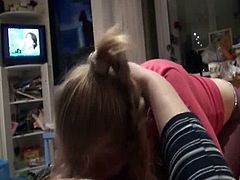 Blonde cutie sucks him off POV