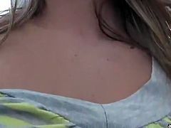 Frisky girl with appetizing natural tits caresses her sexy body sensually. She knows these erotic moves drive men crazy. She definitely knows how to make men have a hard boner.
