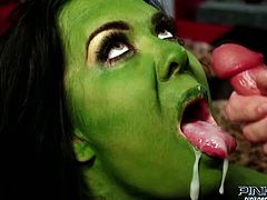 Amazing brunette with green skin gets her dripping pussy poked and gets a cumshots in her mouth. Have a look at this chick in Pinko HD xxx video.