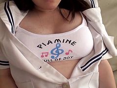 Are you a lover of tiny Japanese pussies? This black-haired girl wearing ponytails looks quite shy, but slowly she gets in mood for acting dirty. A guy explores her boobs and starts sucking and licking her nipples. Watch the bitch's white panties getting all wet after a little pussy rubbing. Click!