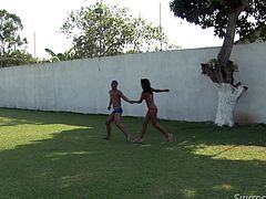 This sexy slut needs to suck on dong after a long day of relaxing in the sun. She kneels down and gives a great blowjob. They enjoy some more hot action outdoors as she gets her brown, tan pussy eaten out.