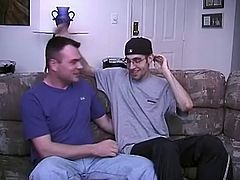 A skinny gay in glasses gets his cock sucked by another guy. After that this nerd gets his ass fucked rough.