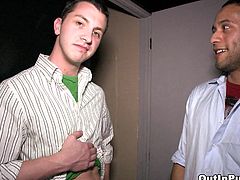 These two hot guys meet at a club and can't keep their hands off each other so they hit the bathroom and fuck like crazy.