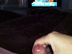 wife wanking a small load from my small hairy uncut cock