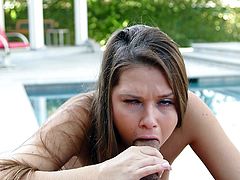 Brown-haired girl Abbey Cross, wearing a bikini, is having fun with a dude outdoors. She strips and shows her body to the man, then does all what she can to milk his dick dry.