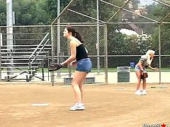 Bunch of hot young chicks plat baseball with buff guys