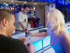 A pleasurable blonde chick has fun in a bar. She kisses her new friend and sucks his big cock. After that Traci lies down on a bar counter and gets fucked rough.