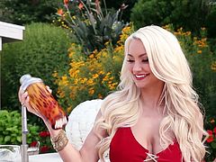 Stunning Lindsey Pelas takes off her lace lingerie. This blonde girl with beautiful hair shows her perfect boobs and a booty.
