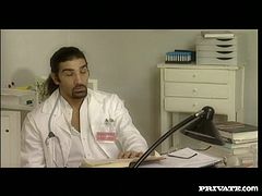 Horny bitches get naughty in Doctor's office so after he caught them having lesbian sex they involve him in the action. This is how they start having steamy FFM threesome. Check this out.