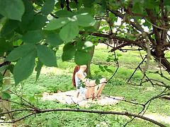 Redhead teen went to the forest knowing that she is all alone playing and toying her pussy with big dildo.  Unfortunately she got caught by an old man but immediately help her get off by fucking her right there right now.