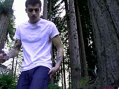 Emo skater dude Chris Porter is all alone in the park and decided to pull his meaty cock out and stroke it just a little bit. It gets harder and he is about to cum