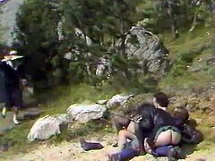 A couple of kinky studs fucked lusty black haired girlie right in forest