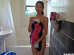 Petite sexy girl Veronica Rodriguez is a sexy cleaning lady with nice tight body. She cleans the house properly in front of the camera and then gets naked to take a shower. She shows her perky tits and ass with no shame.