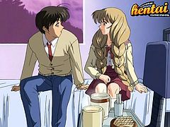 Click to watch this long haired babe, with big tits wearing a miniskirt, while she gets fucked hard by her college partner in an anime video.