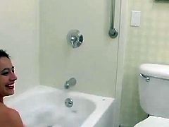 Curvy babe takes a bubble bath. She plays with her pussy sitting in a bathtub. Then this chick gives an unforgettable blowjob to her boyfriend in POV video.
