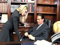 Juicy blonde secretary in sexy business suit walks into her boss's office and gets on her knees. Beauty sucks his big hard dick and gets her meaty cunt licked.