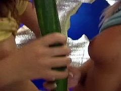 These young hot lesbians love to play with their food.  Watch as they lick and fuck with the help of a cucumber.