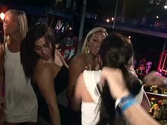 A lot of chicks are having fun at a party in a club. They dance and go crazy, then demonstrate their tits, coochies and butts.