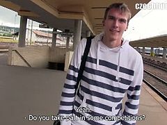A guy picks up a bodybuilder who shows his cock, but his train is leaving and so is he. Next, a cute blonde boy agrees to suck cock for money and has his jerked off too.