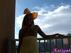 Check out this hot scene where the naughty blonde Aaliyah Love shows off her panties and flashes her small titties for the camera.