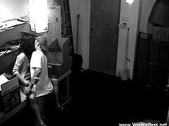 A slutty brunette and her BF are getting naughty indoors. They pet each other and fuck in the missionary position. They haven't got an idea that there is a security cam in this room.
