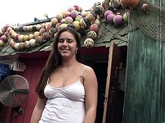 This gorgeous amateur brunette babe will drive you crazy as she flashes her perfect round ass and her yummy natural boobs in public.