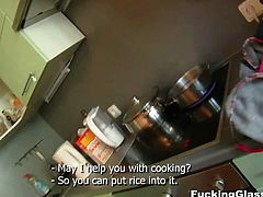 This guy picked up Vera from a supermarket. He proposed to buy something to eat and cook it at home together. She bought it and went with him. They ended up fucking in the kitchen.
