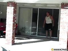 Woman fucks guy on the porch