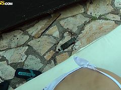 My cute girlfriend looks super sexy in her pigtails and torn pantyhose. She pulls my dick out in the backyard at my house, and she gives me an amazing blowjob. She tears her pantyhose some more so I can get at her cunt.
