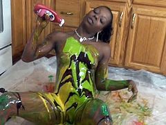 Mind blowing ebony tramp Anastasia plays with cake butter
