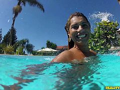 Check out this hardcore outdoors scene where the cock thirsty Latina Manuelle sucks on a big cock before being fucked by the pool.