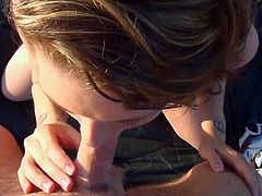 Take a look at this hot POV scene where this horny babe sucks on this guy's thick cock on the beach until she's covered by cum.