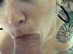This beautiful tattooed amateur babe gets really horny giving an amazingly sexy blowjob in the bathtub and gets taped POV.